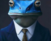 AI generated image of a frog in a blue suit and tie